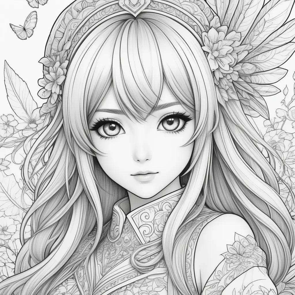 Black and white coloring pages of anime girl with flowers