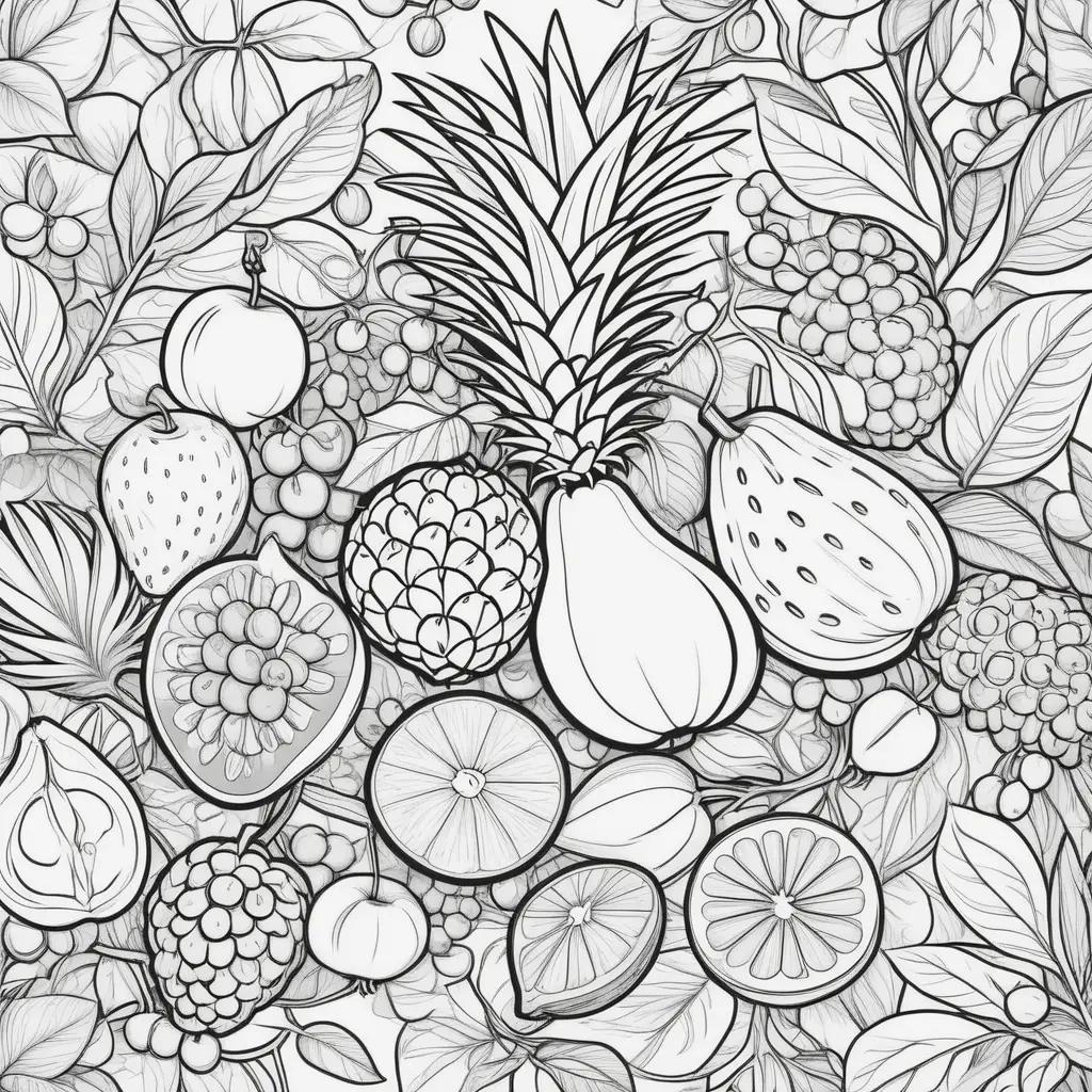 Black and white coloring pages of assorted fruits