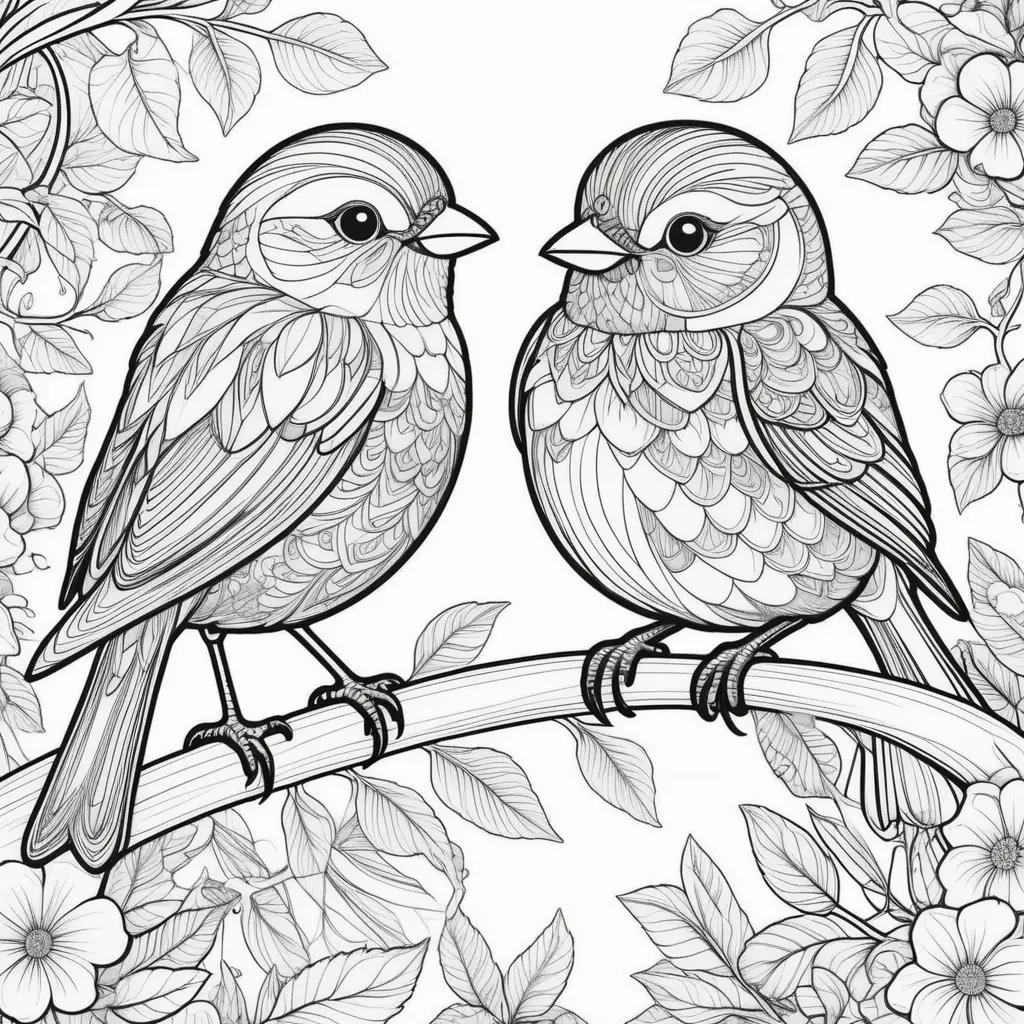 Black and white coloring pages of birds on a branch