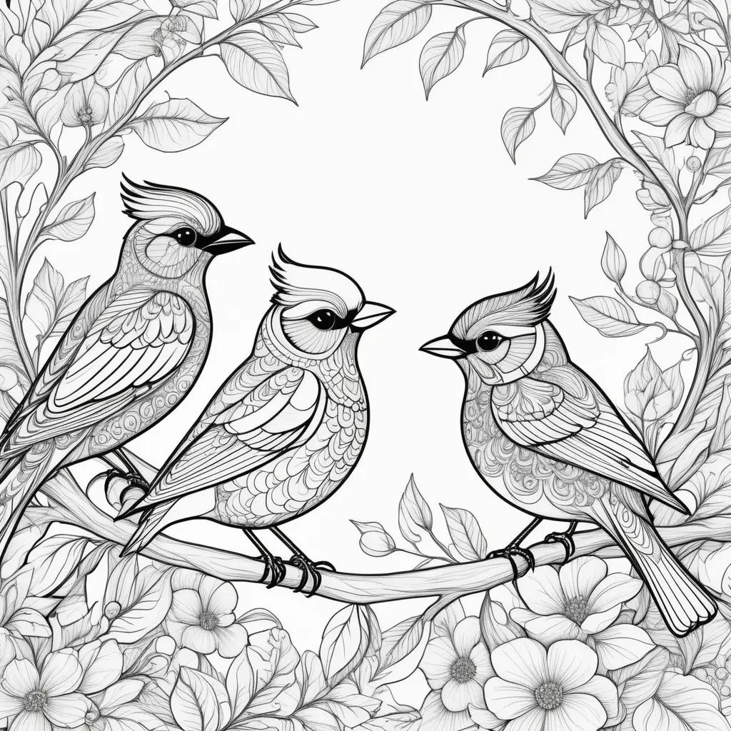 Black and white coloring pages of birds on a branch