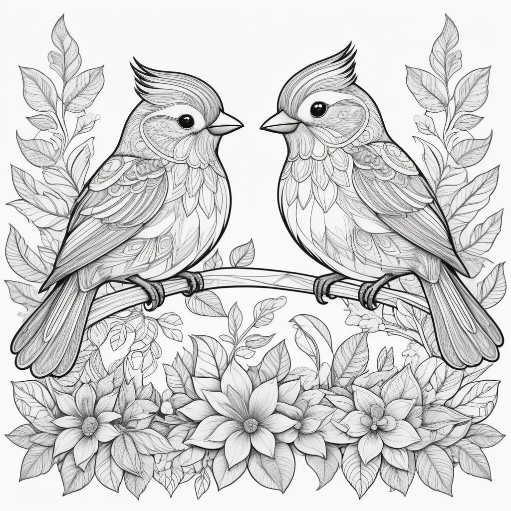 Black and white coloring pages of birds on a branch