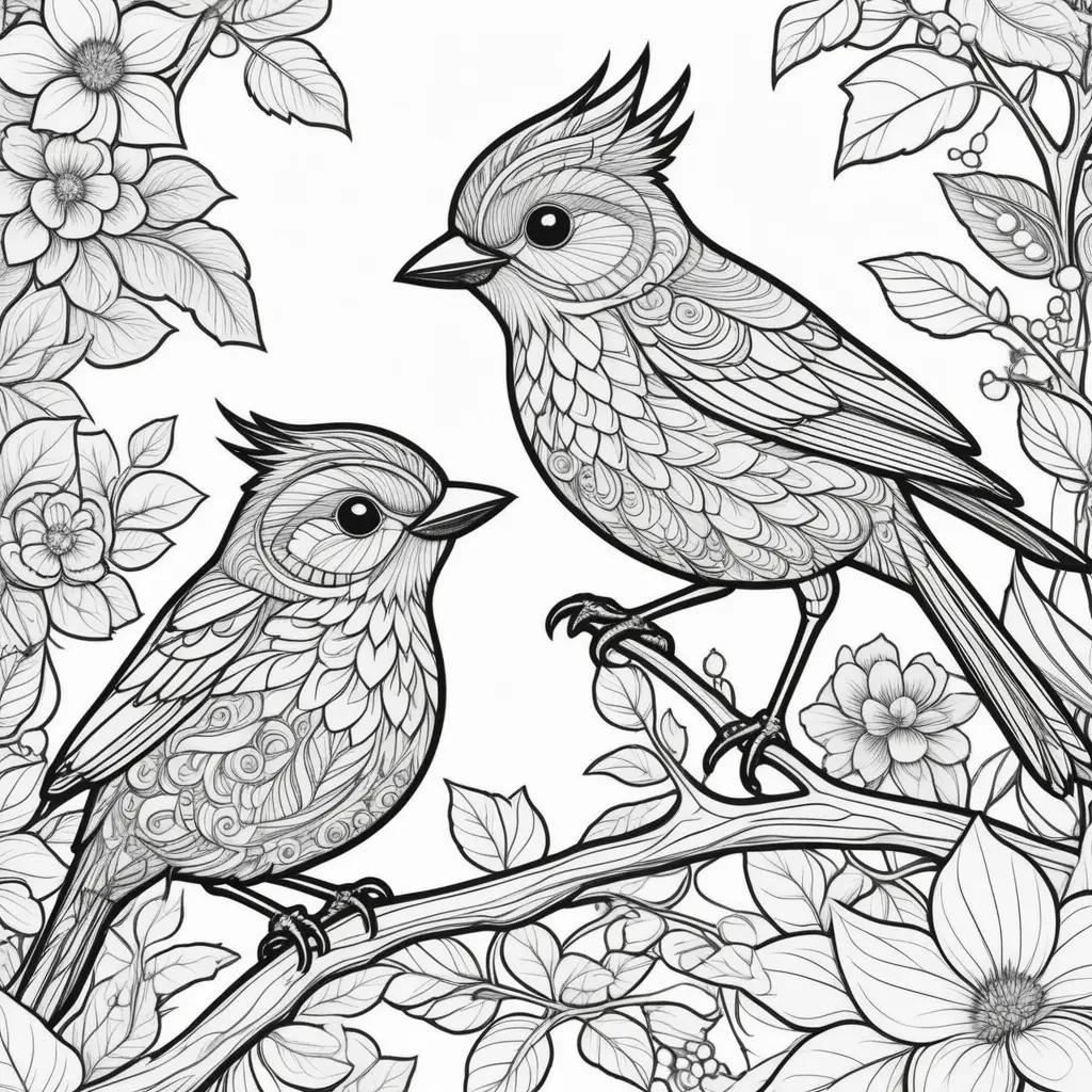 Black and white coloring pages of birds on branches