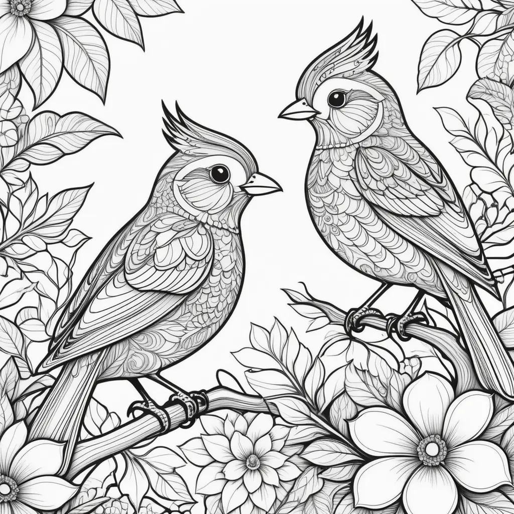 Black and white coloring pages of birds on flowers