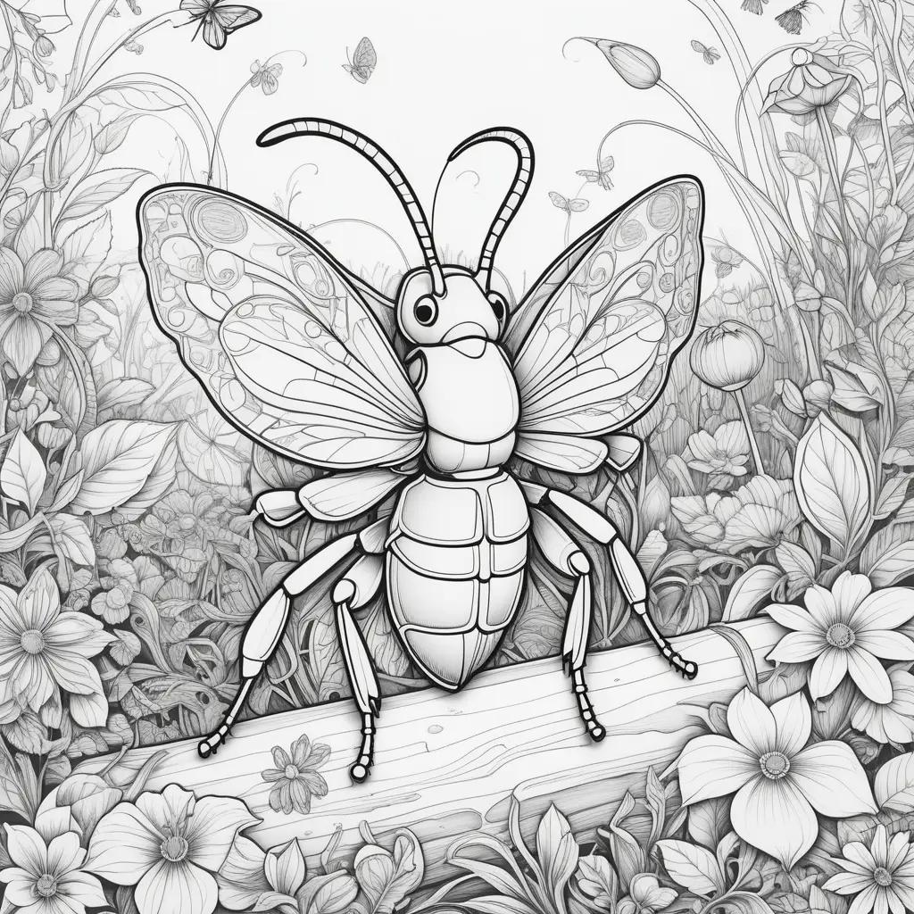 Black and white coloring pages of bugs in a garden