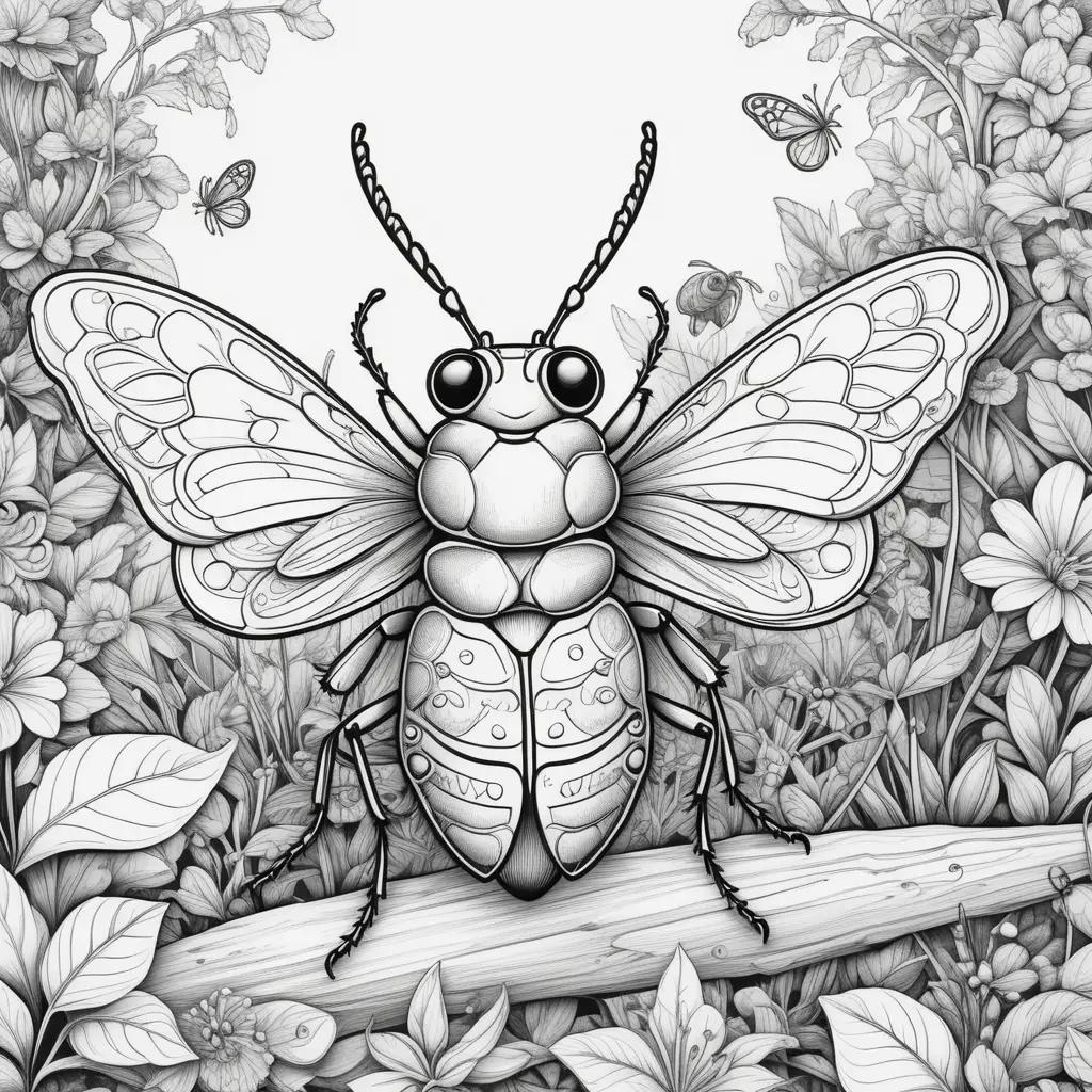 Black and white coloring pages of bugs in a garden