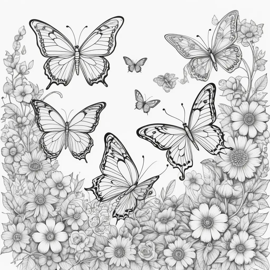 Black and white coloring pages of butterflies and flowers