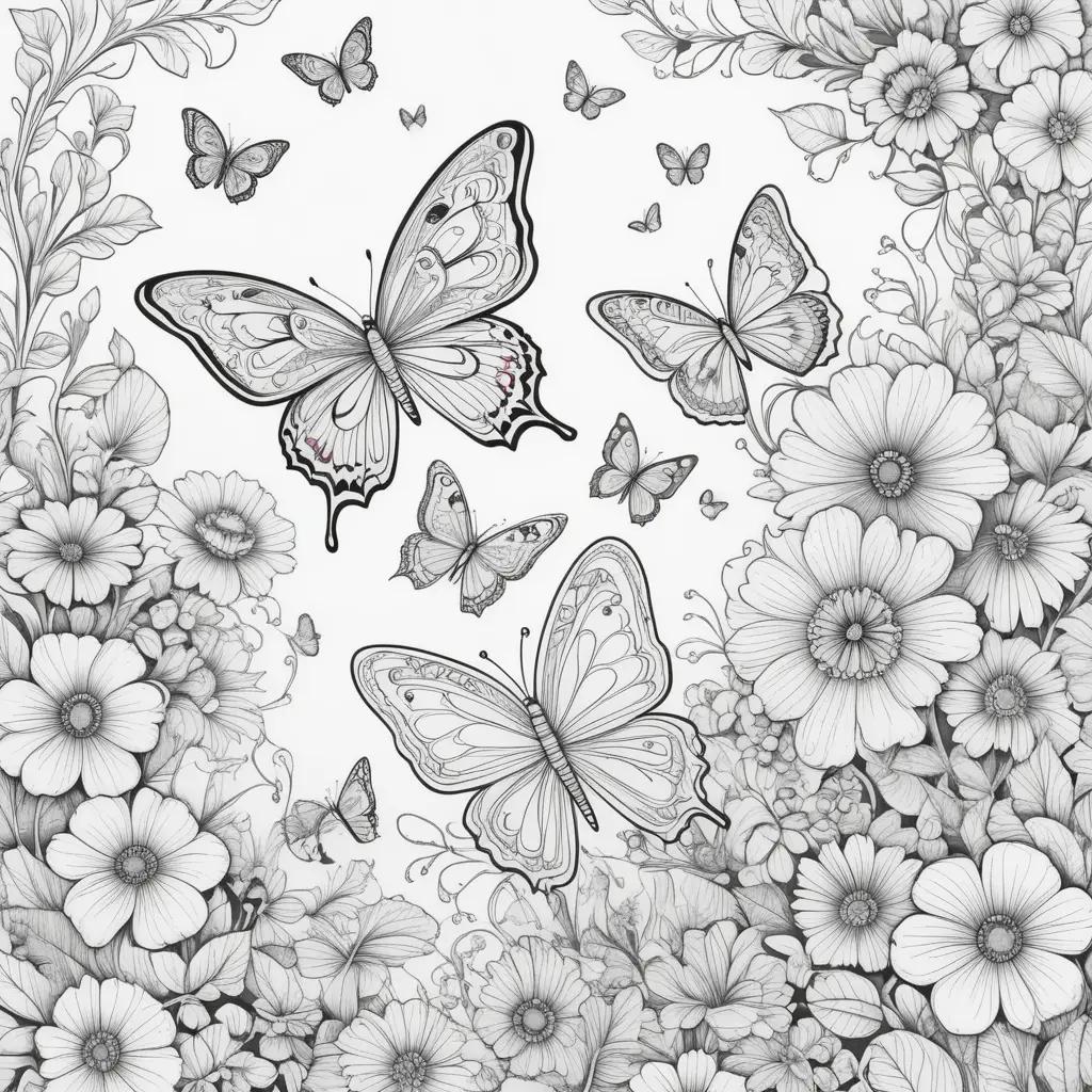 Black and white coloring pages of butterflies and flowers