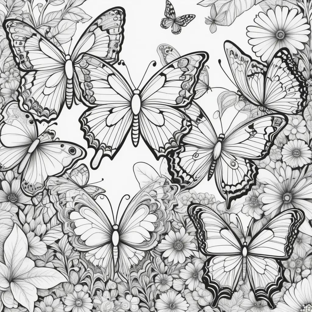 Black and white coloring pages of butterflies and flowers