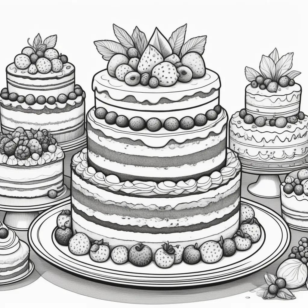 Black and white coloring pages of cakes with berries on them