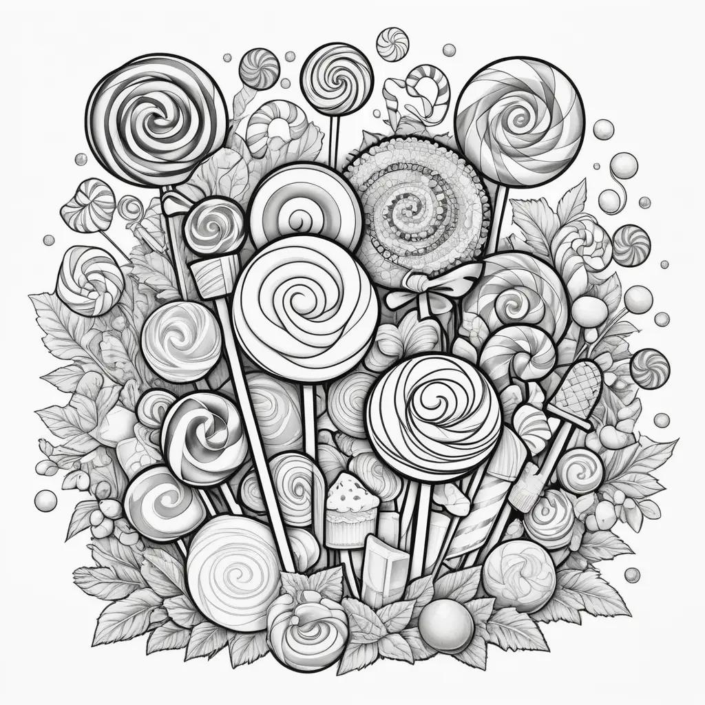 Black and white coloring pages of candy with various shapes and colors