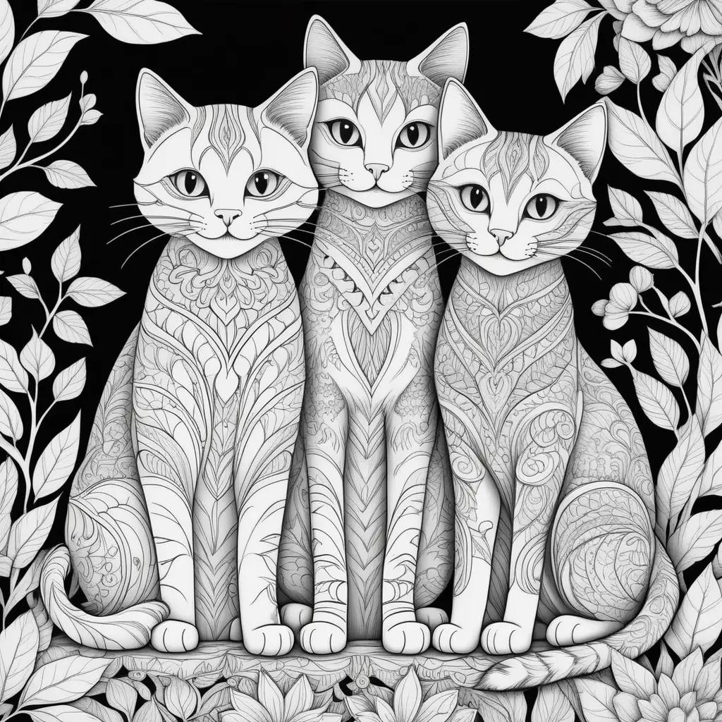 Black and white coloring pages of cats on a tree