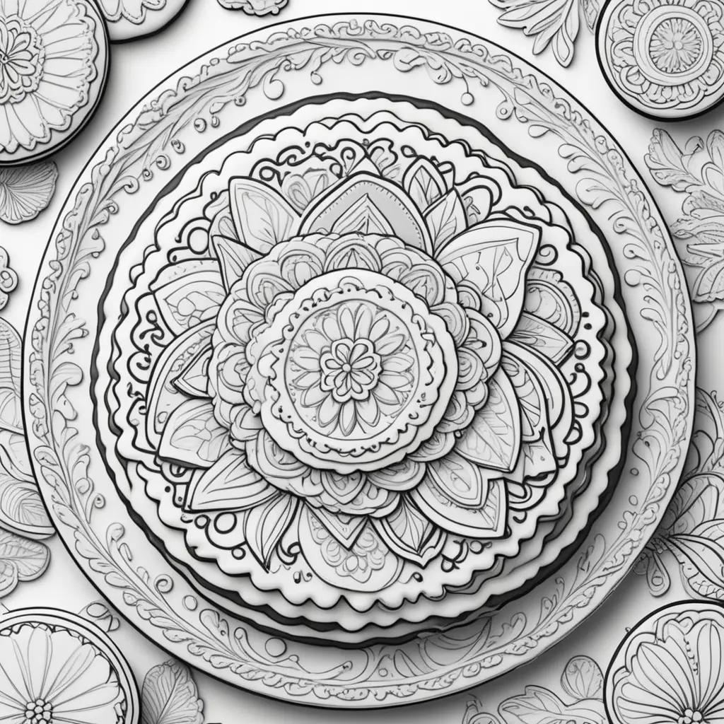 Black and white coloring pages of cookies and flowers