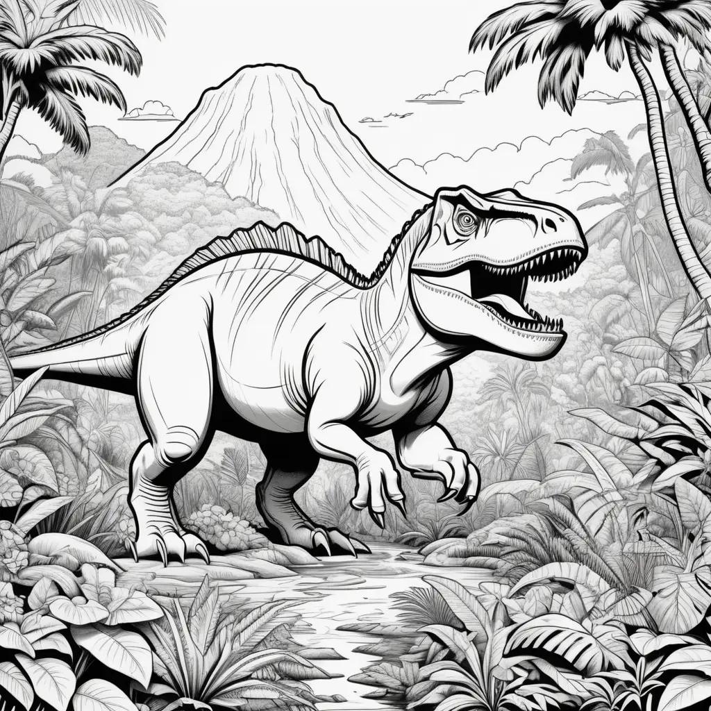 Black and white coloring pages of dinosaurs and jungle