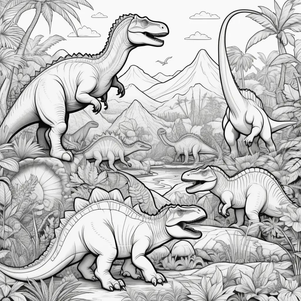 Black and white coloring pages of dinosaurs in a jungle