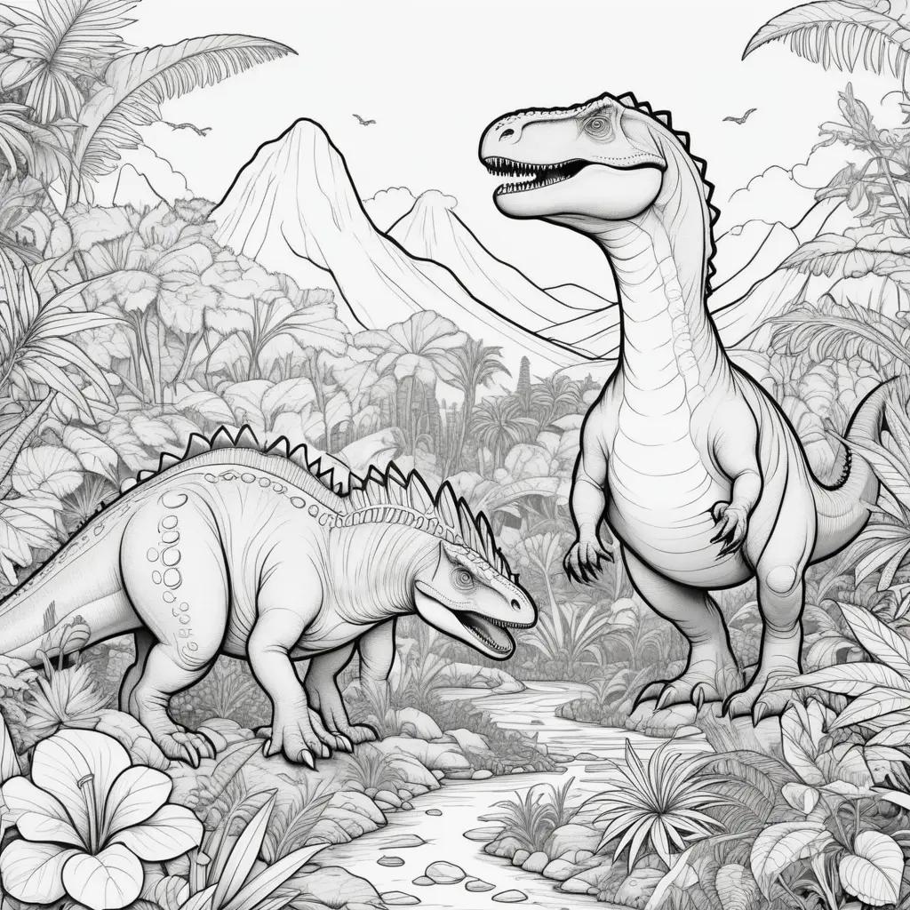 Black and white coloring pages of dinosaurs in a jungle