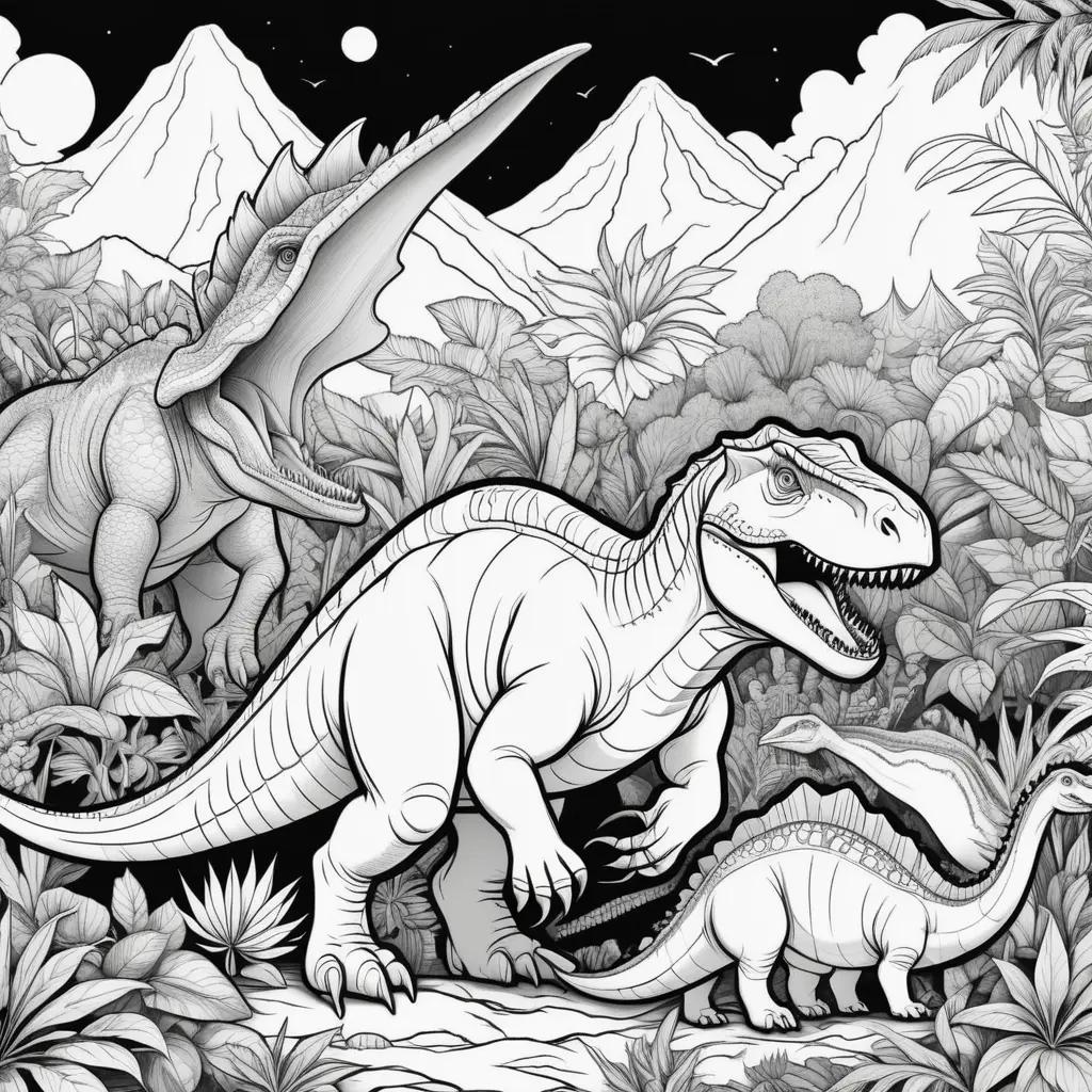 Black and white coloring pages of dinosaurs in a jungle