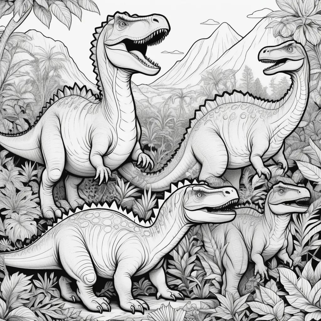 Black and white coloring pages of dinosaurs in a jungle