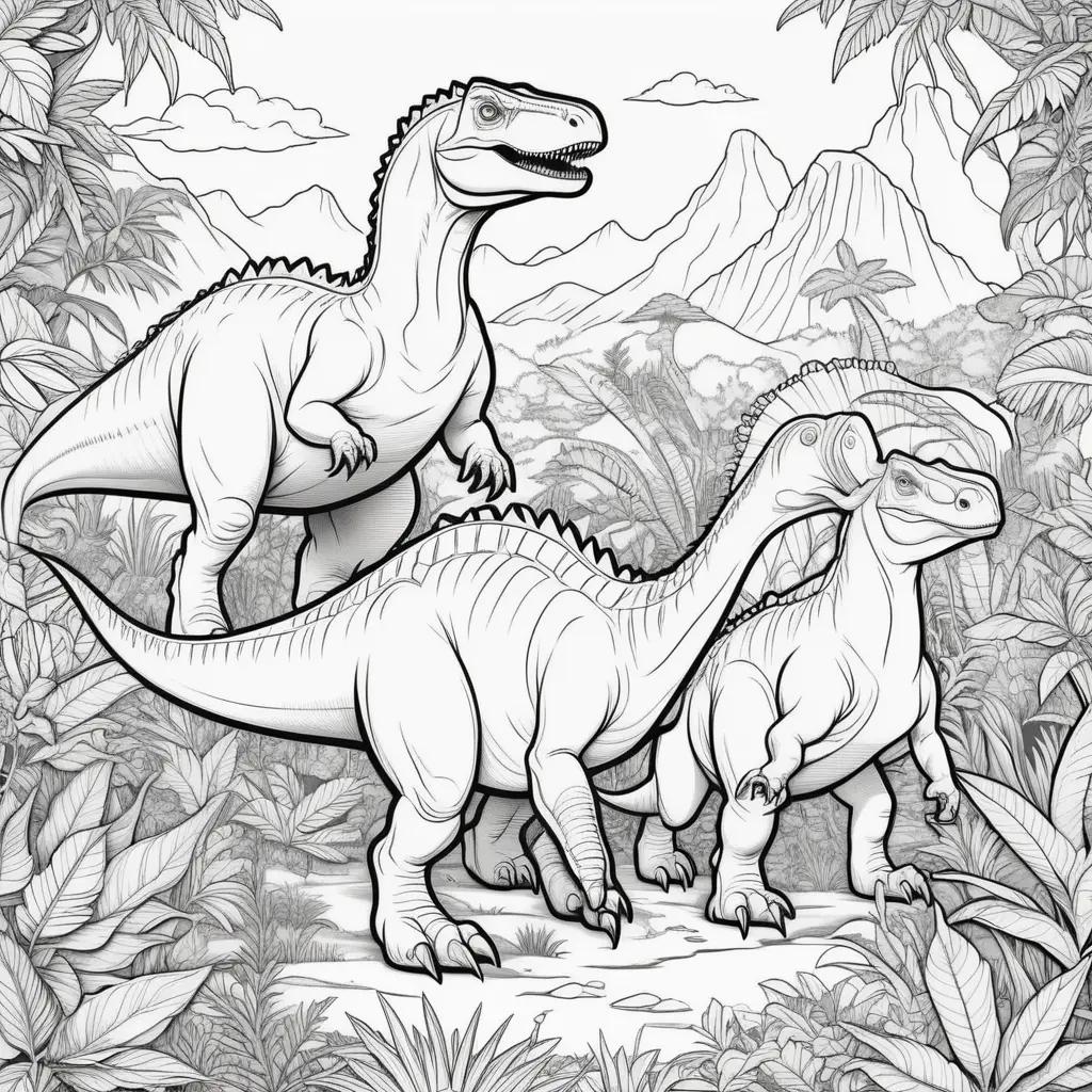 Black and white coloring pages of dinosaurs in a jungle