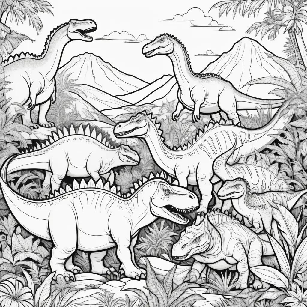 Black and white coloring pages of dinosaurs in the jungle