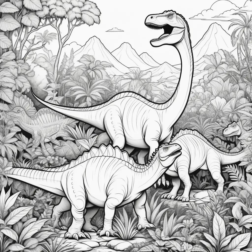 Black and white coloring pages of dinosaurs in the jungle