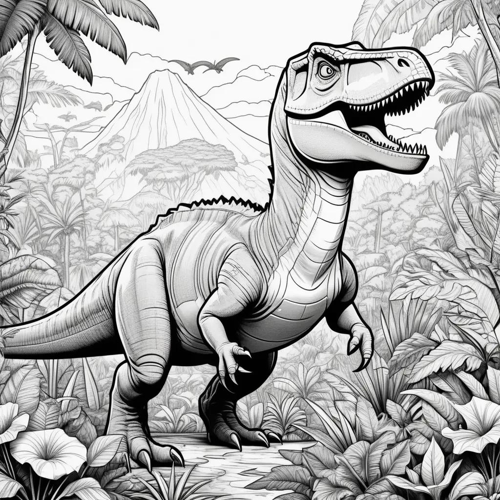 Black and white coloring pages of dinosaurs in the jungle