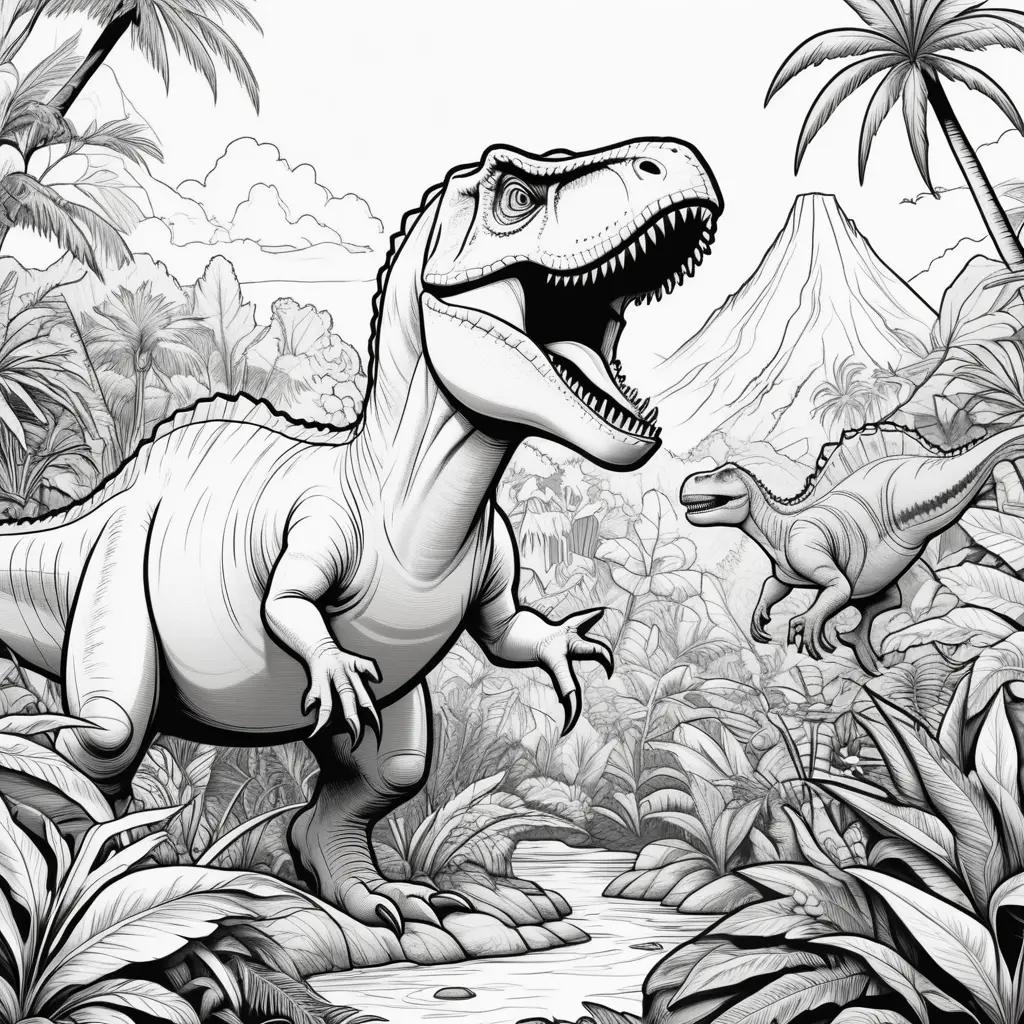 Black and white coloring pages of dinosaurs in the jungle