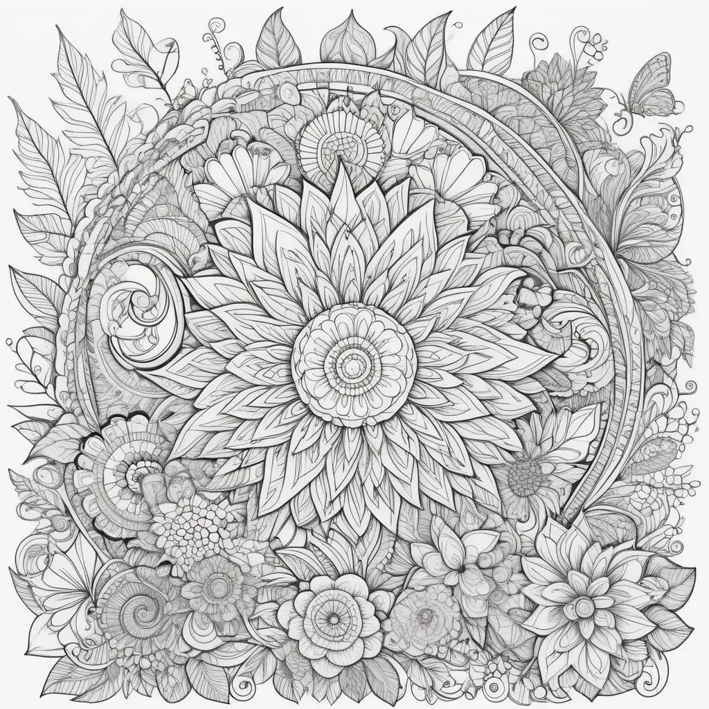 Black and white coloring pages of doodles with flowers and butterflies