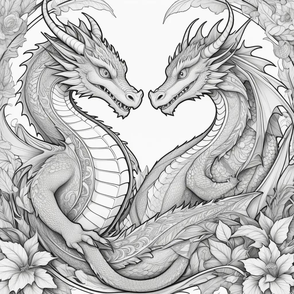 Black and white coloring pages of dragons in love