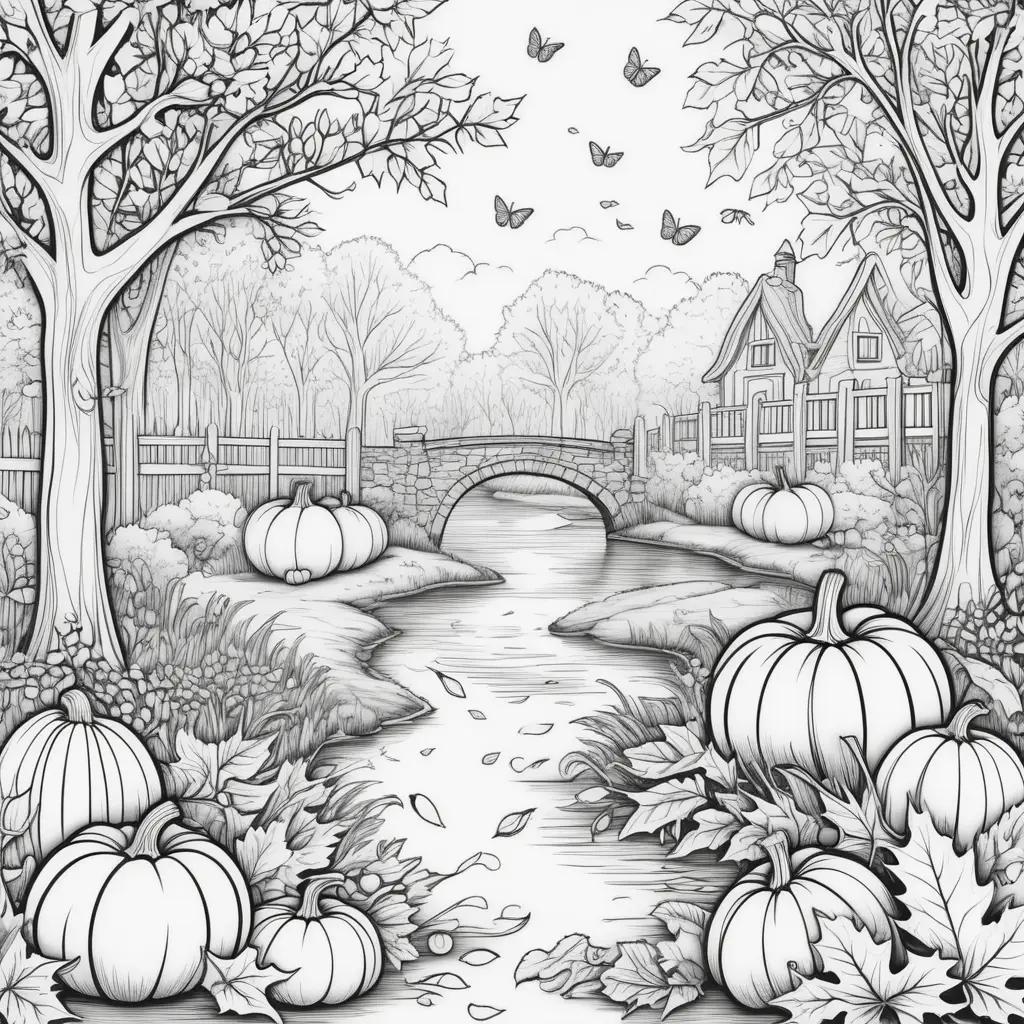 Black and white coloring pages of fall scene with pumpkins