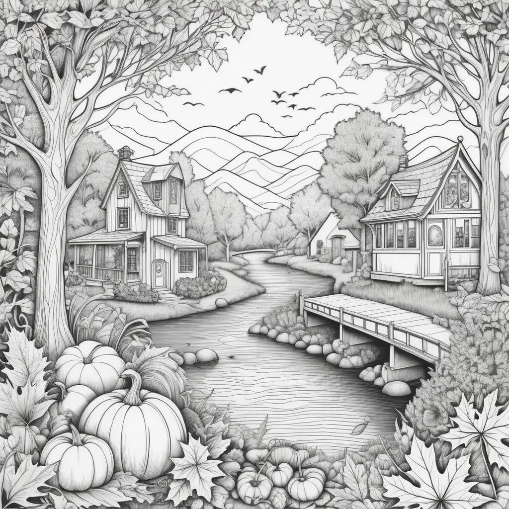 Black and white coloring pages of fall scenery with pumpkins and leaves