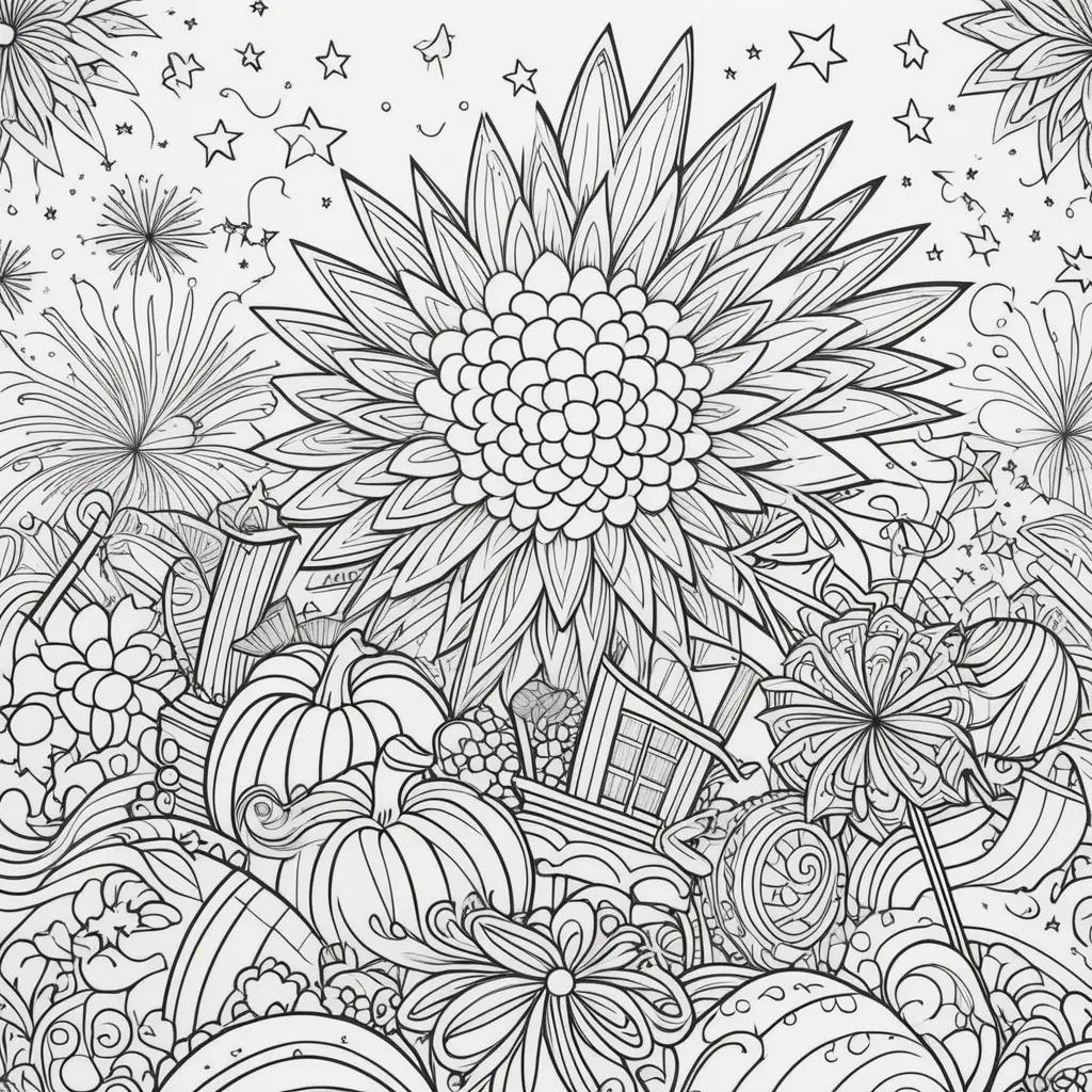 Black and white coloring pages of fireworks and stars for July 4th