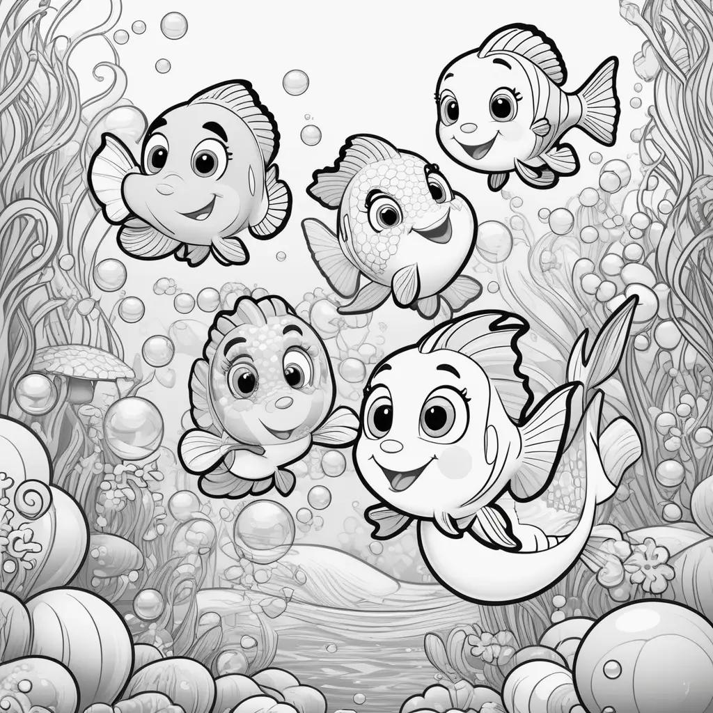 Black and white coloring pages of fish and bubbles