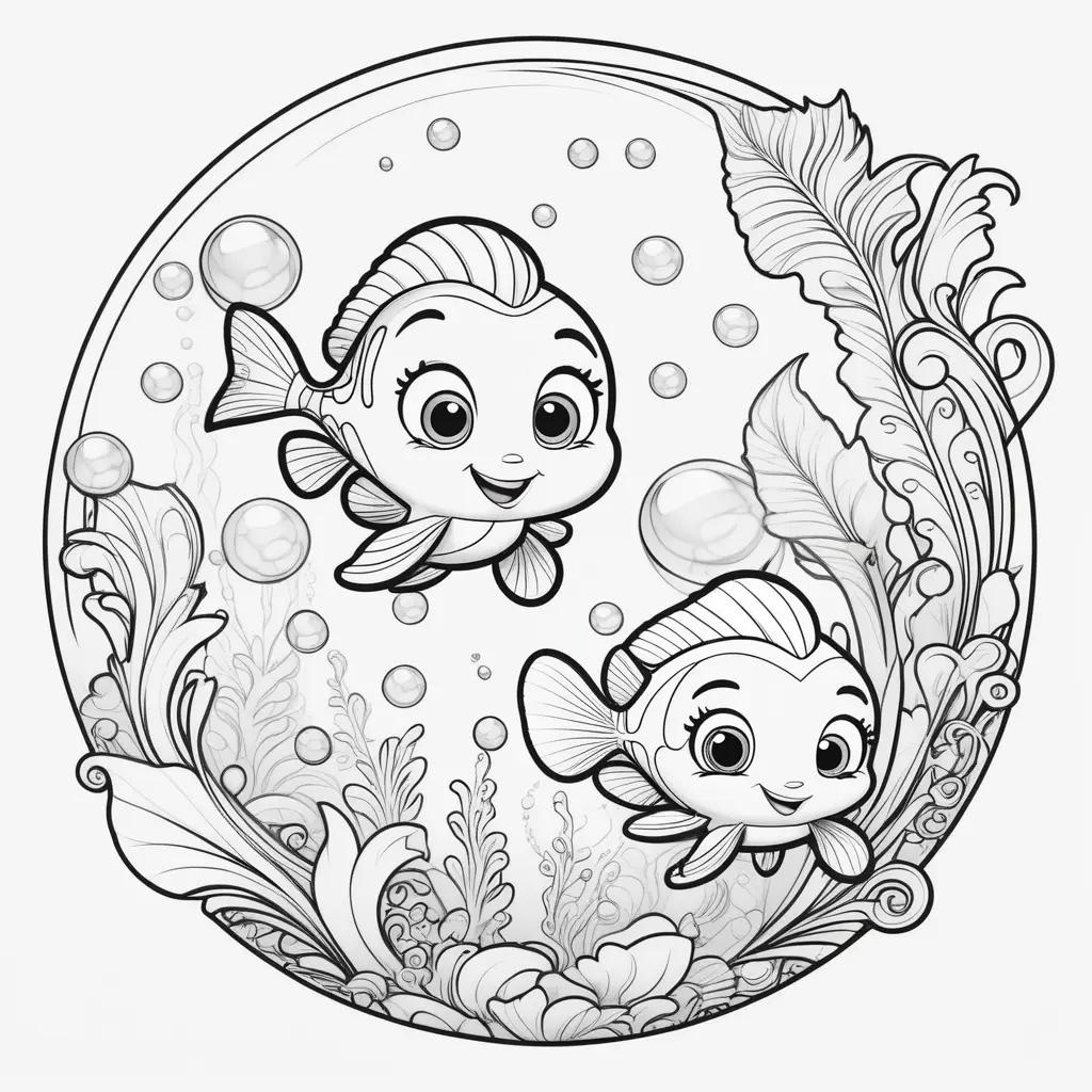 Black and white coloring pages of fish and bubbles