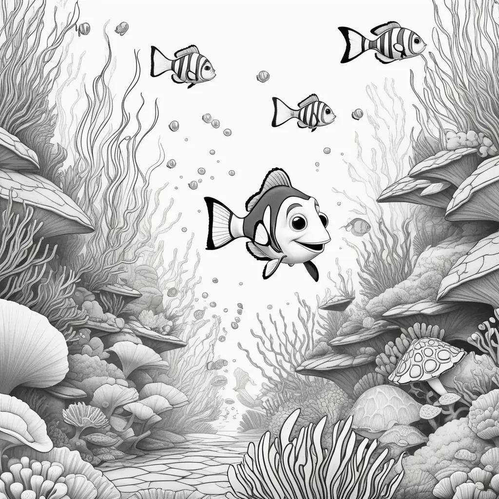 Black and white coloring pages of fish in ocean