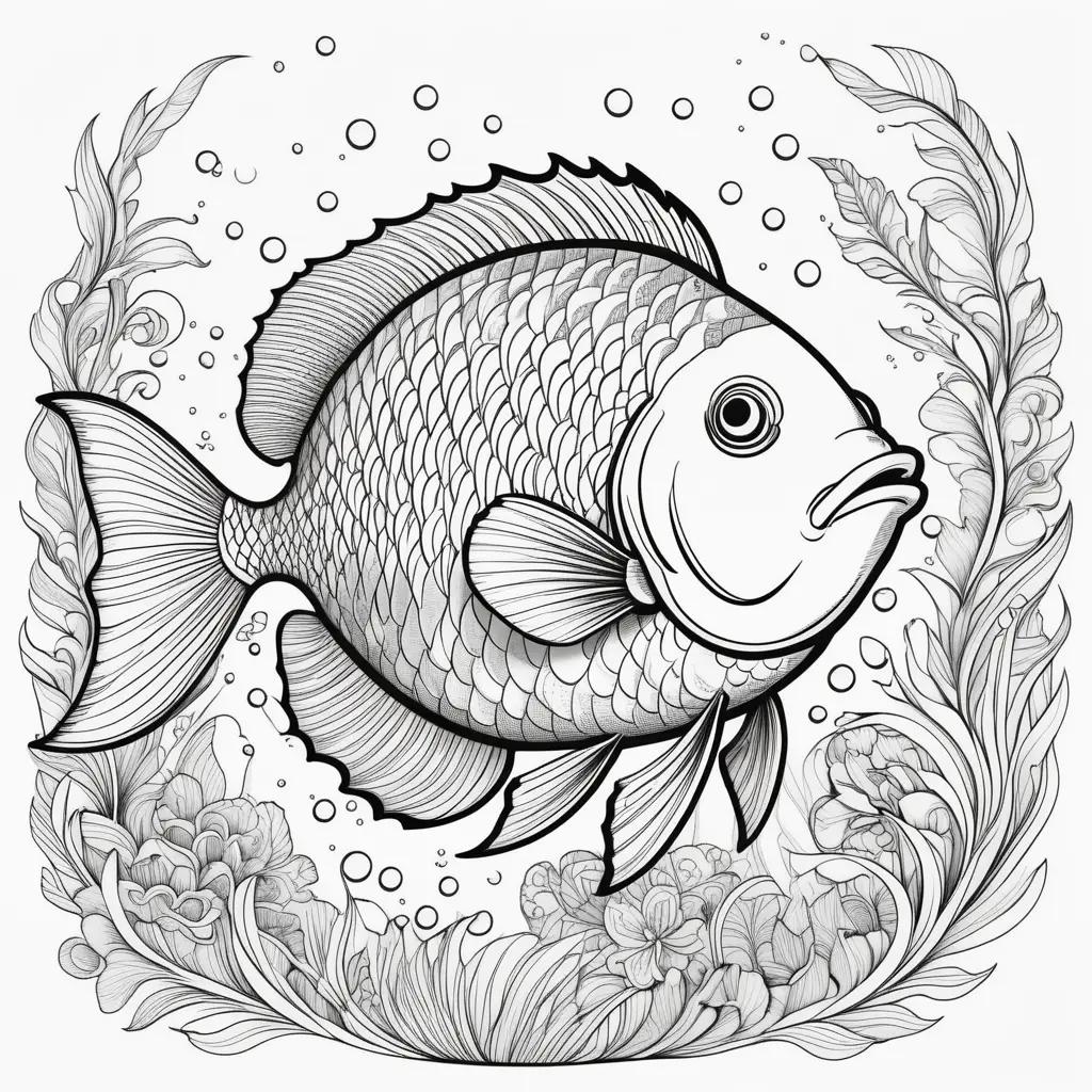 Black and white coloring pages of fish in ocean scene