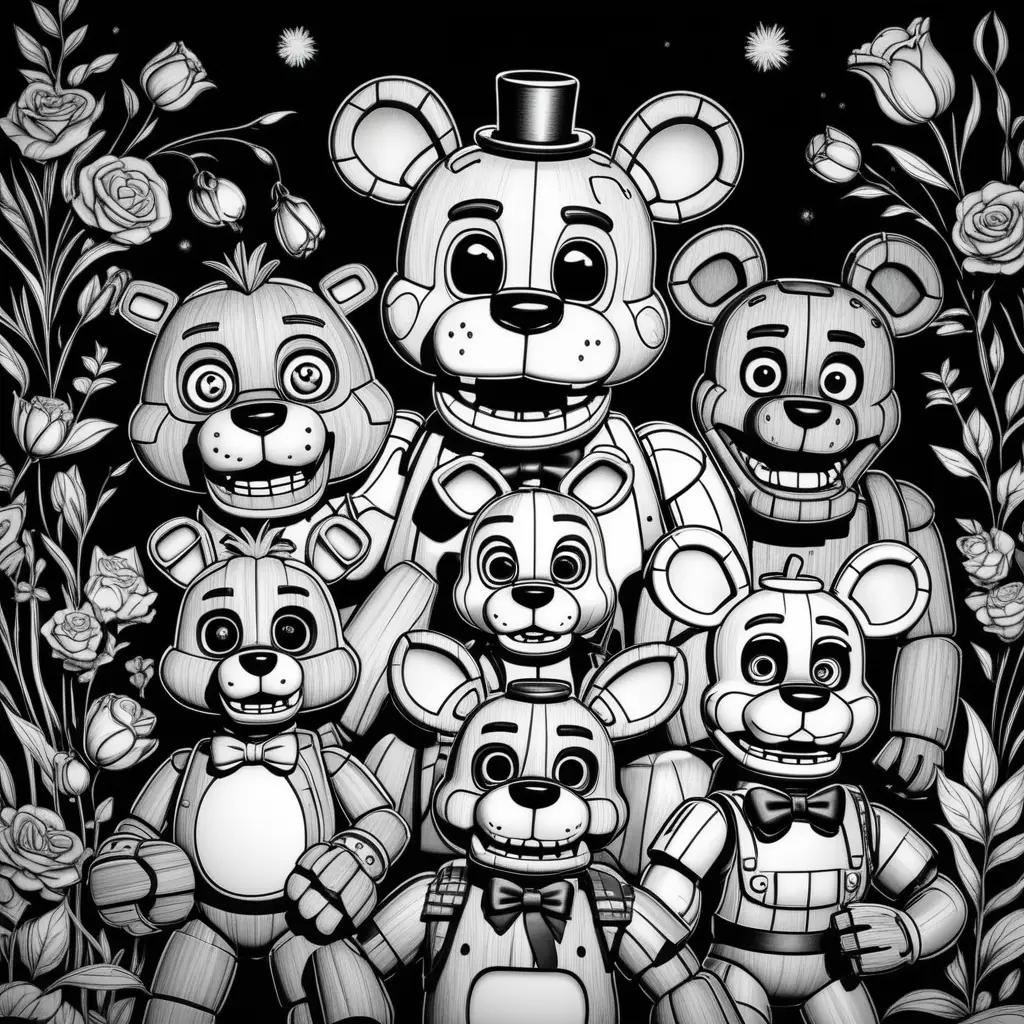 Black and white coloring pages of five nights at Freddys characters