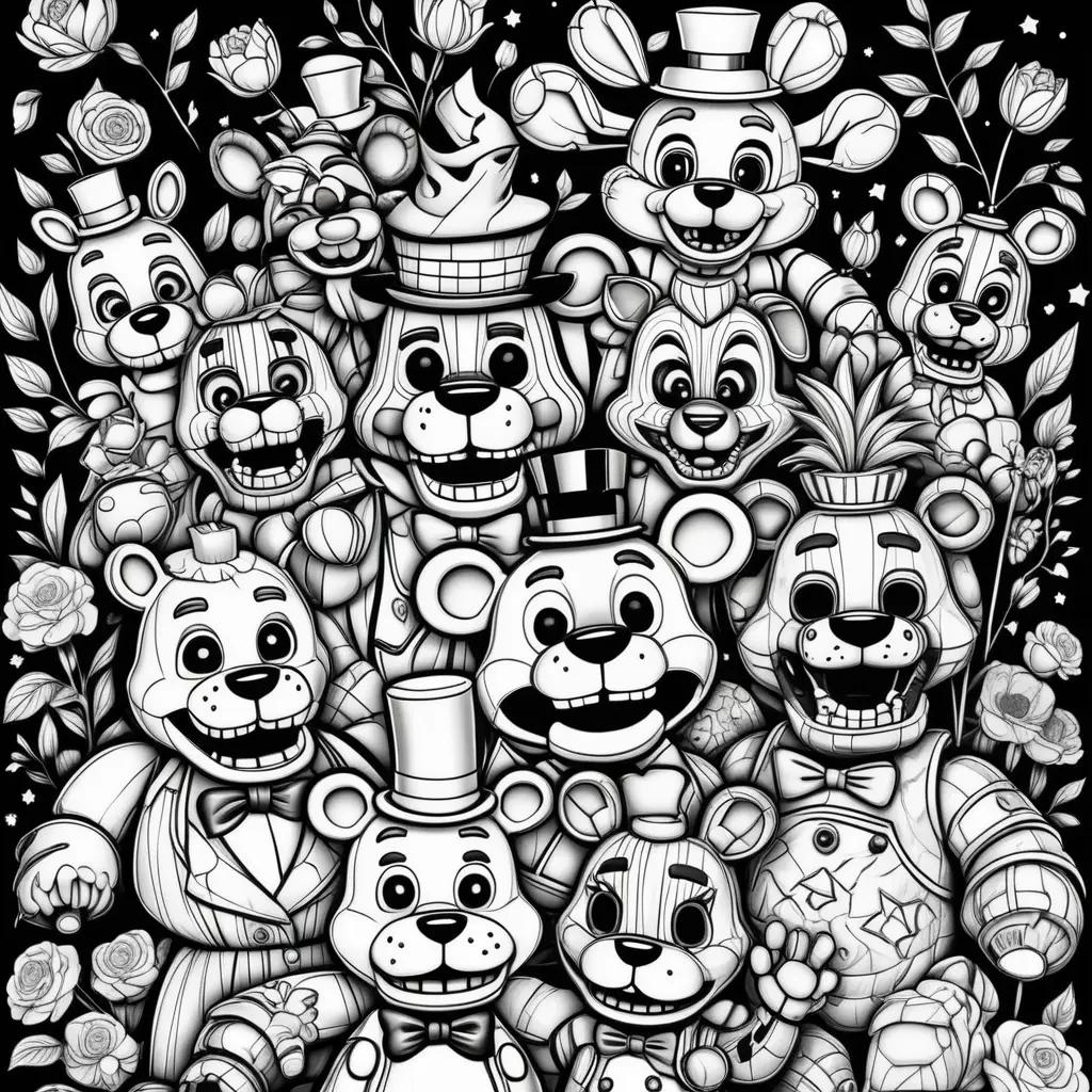 Black and white coloring pages of five nights of freddy characters