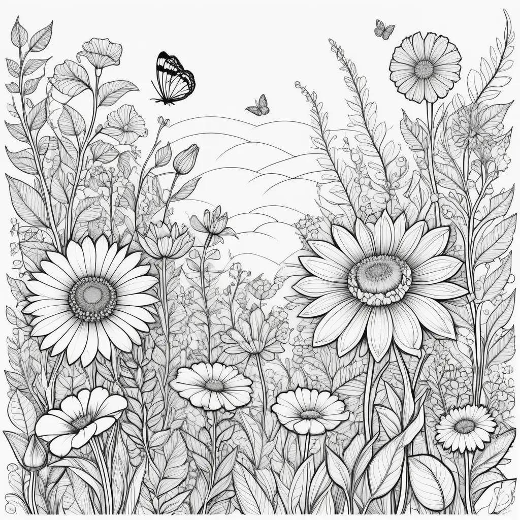 Black and white coloring pages of flowers and butterflies