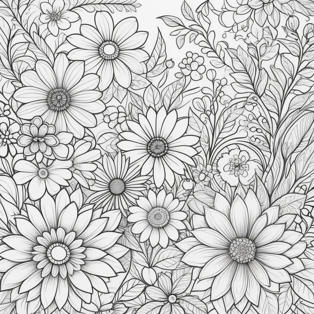 Black and white coloring pages of flowers and leaves