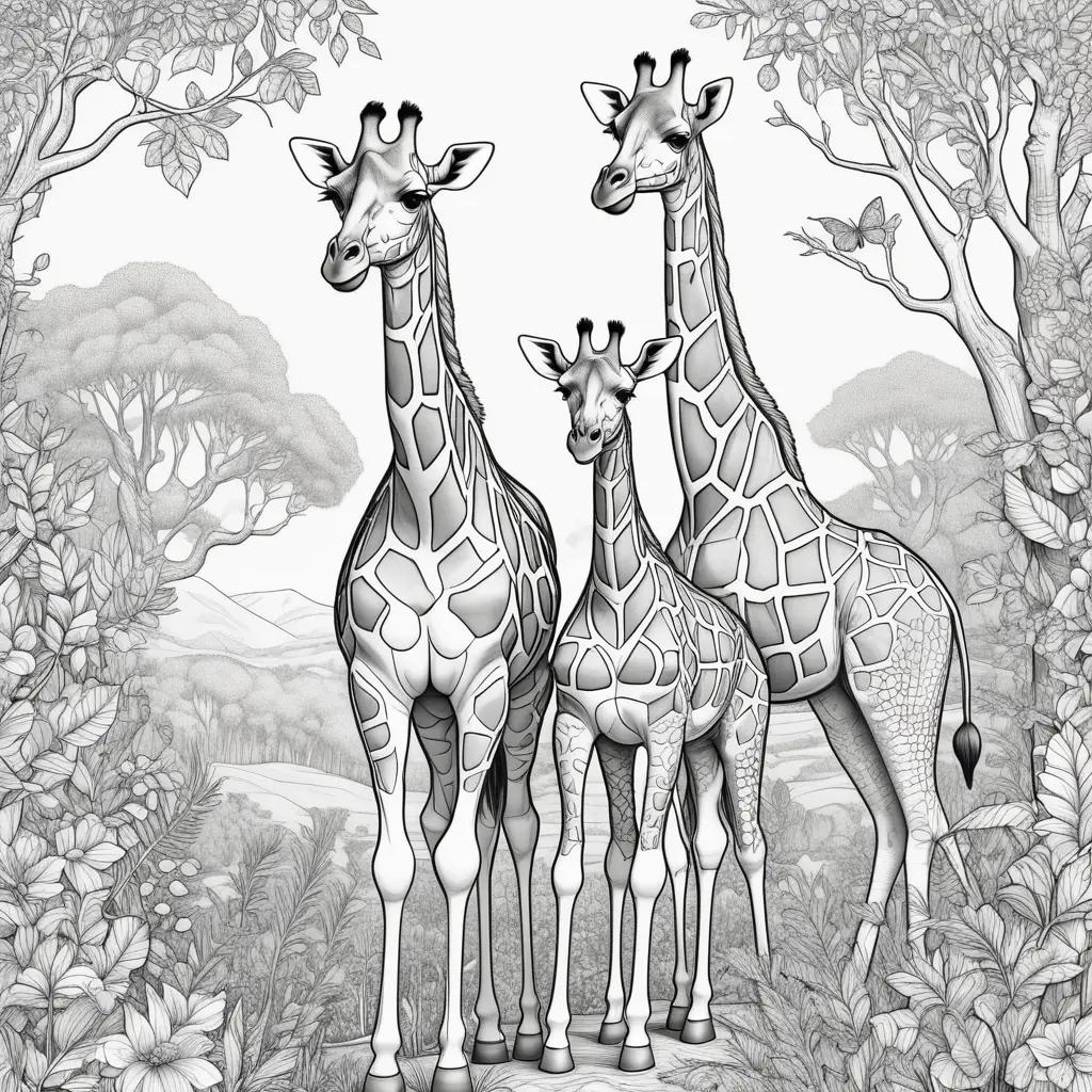 Black and white coloring pages of giraffes in a forest