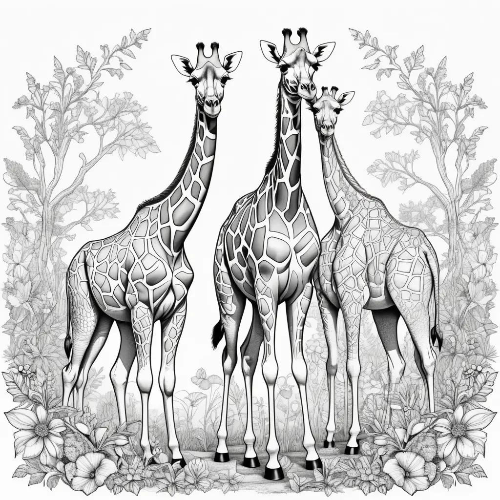 Black and white coloring pages of giraffes in the wild