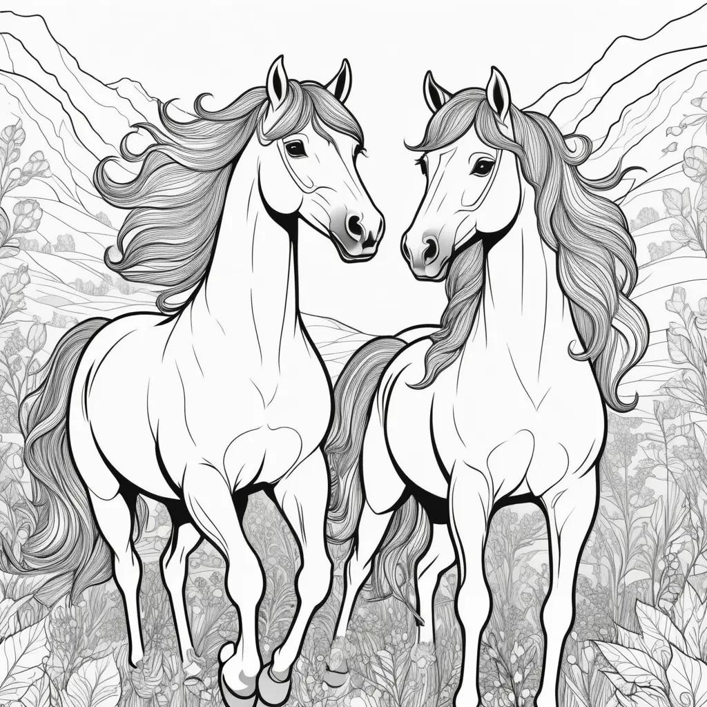 Black and white coloring pages of horses in a field