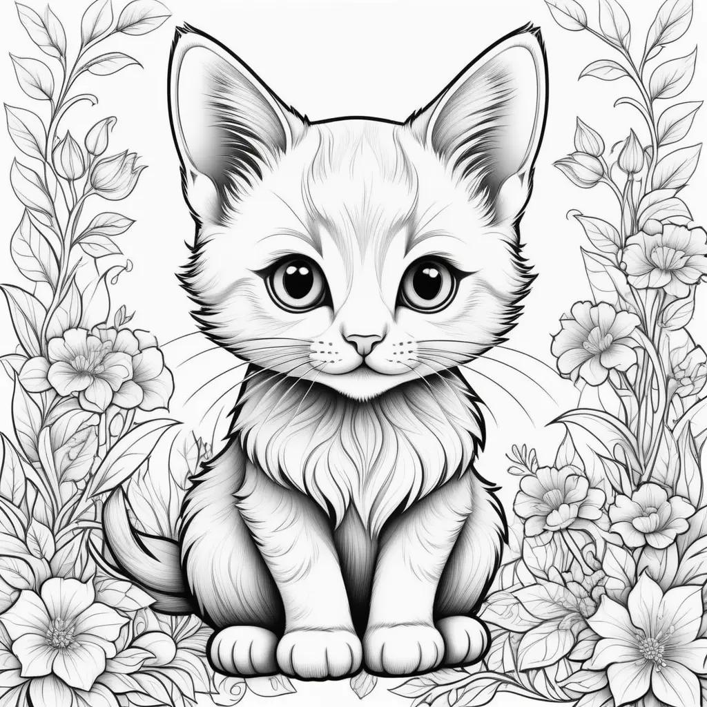 Black and white coloring pages of kittens and flowers