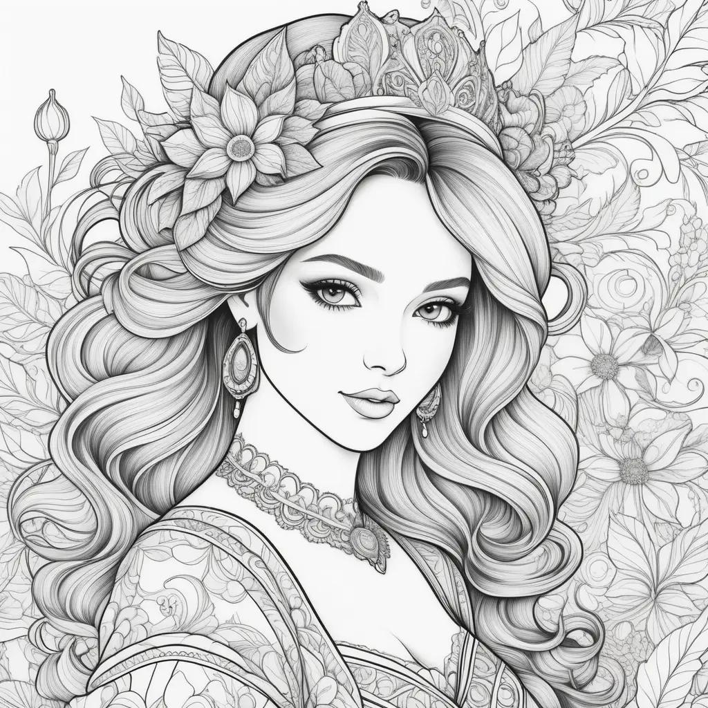 Black and white coloring pages of ladies with crowns