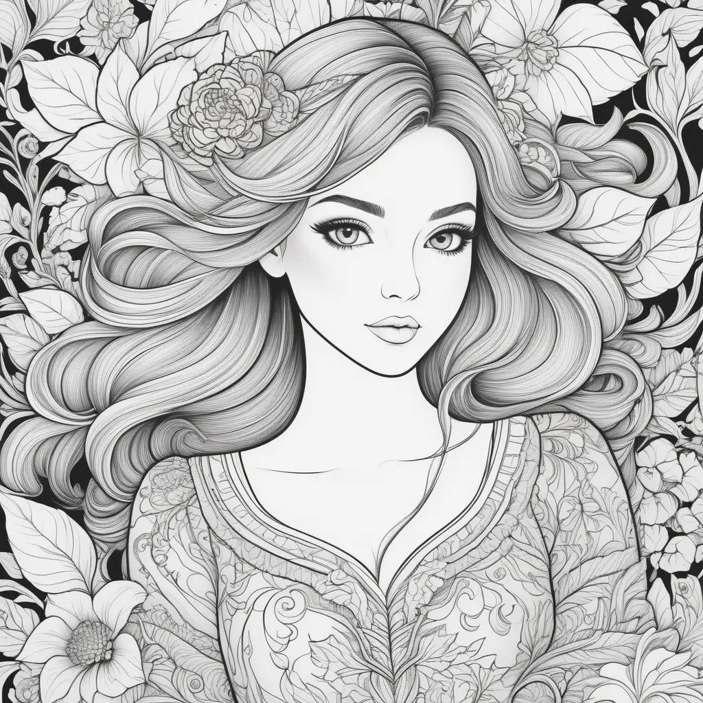 Black and white coloring pages of lady with flower