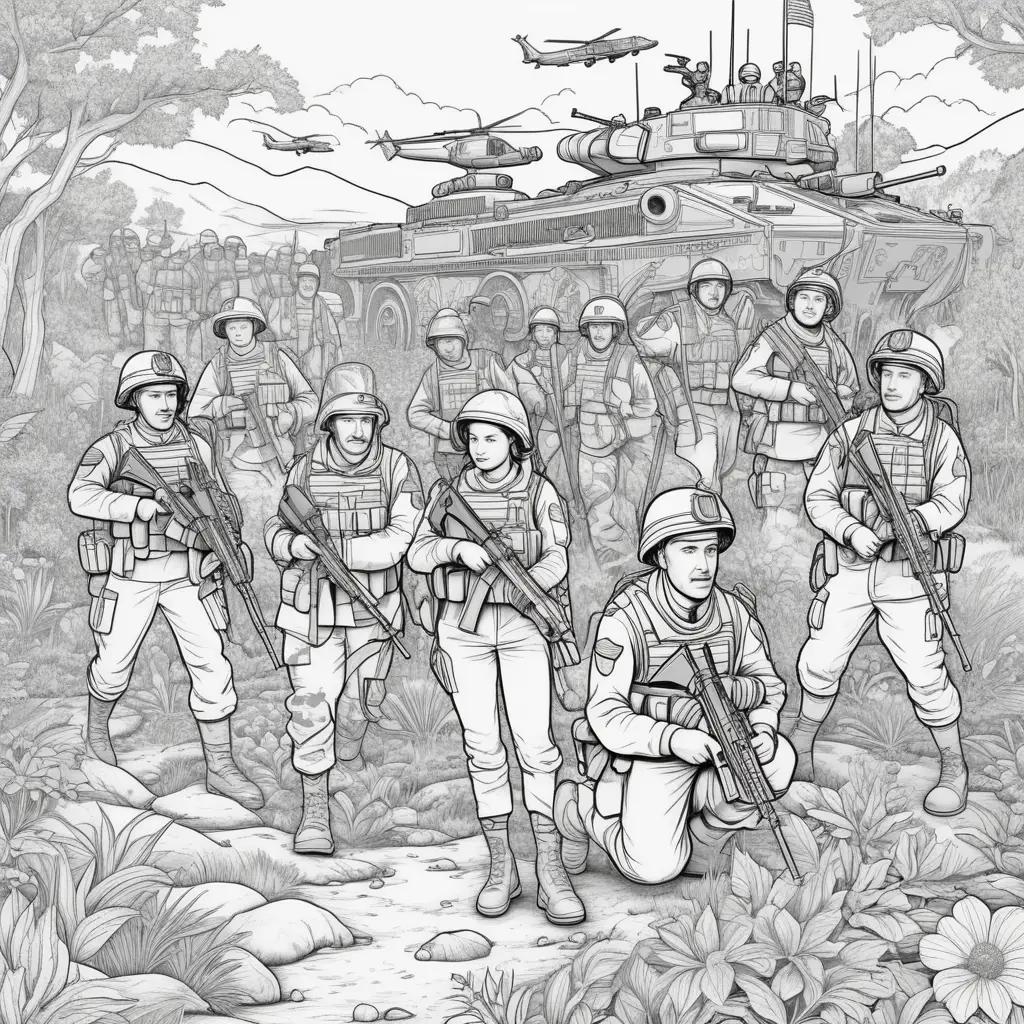 Black and white coloring pages of military soldiers