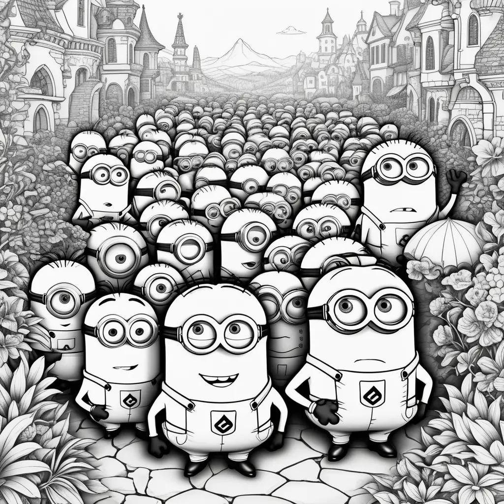 Black and white coloring pages of minions in a town