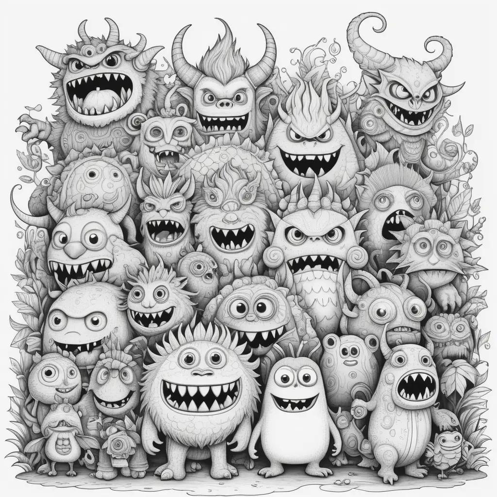 Black and white coloring pages of monsters