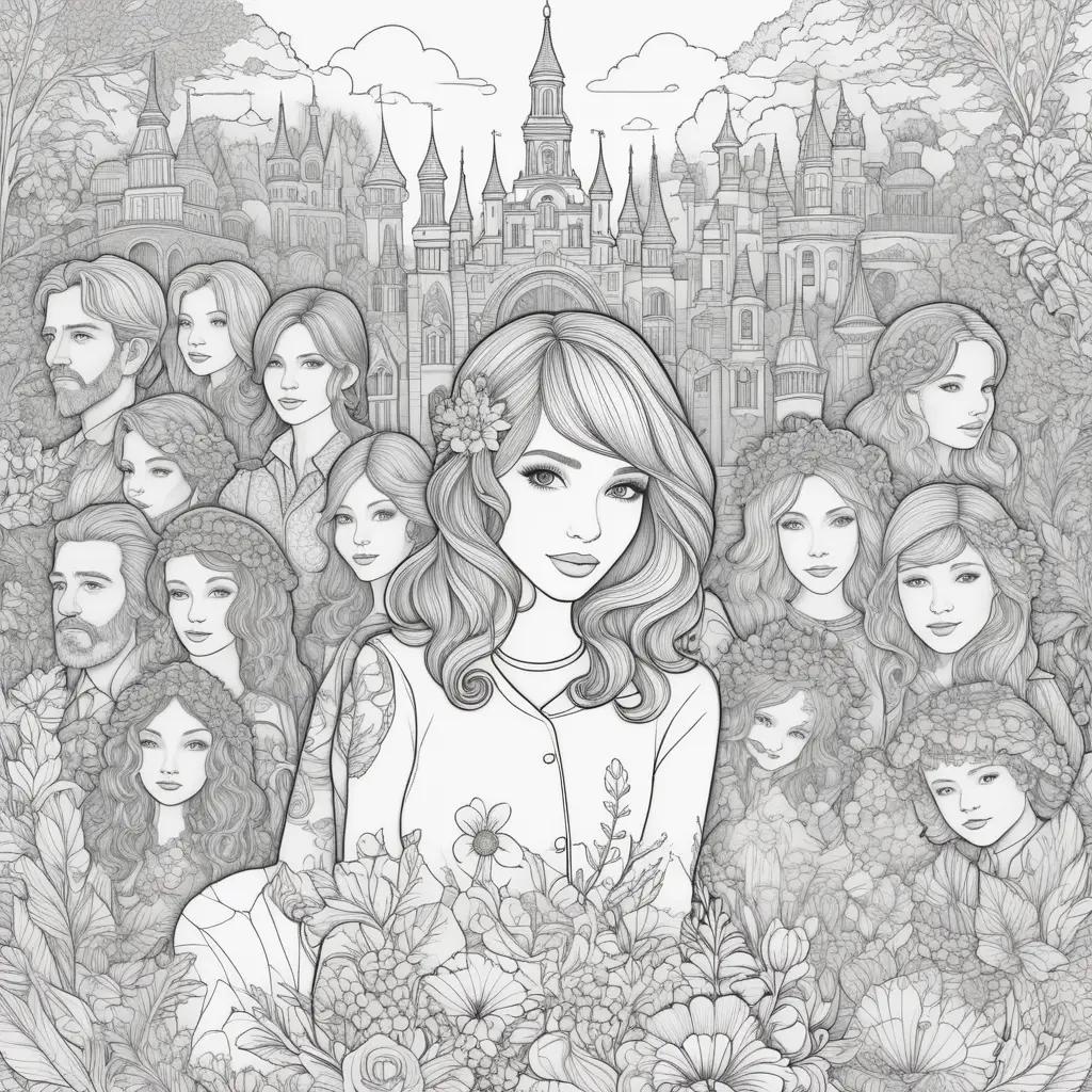 Black and white coloring pages of people and flowers