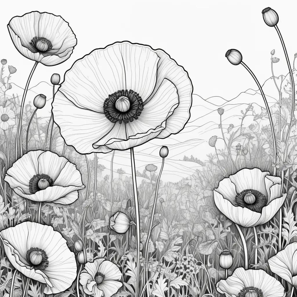 Black and white coloring pages of poppies in a field